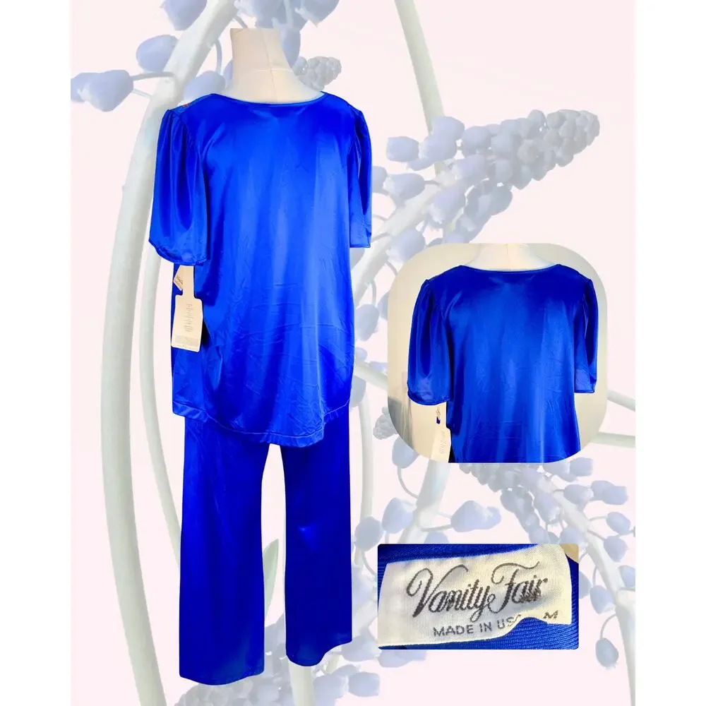 Vintage 70s NWT Vanity Fair Royal Blue Pink Floral Embroidered Pajama Set Size M